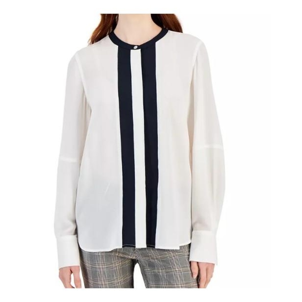 TOMMY HILFIGER Striped Front Crew Neck Blouse Size M NWOT Hamptons Navy White‎